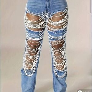 Blue Distressed Jeans with Pearl Chains